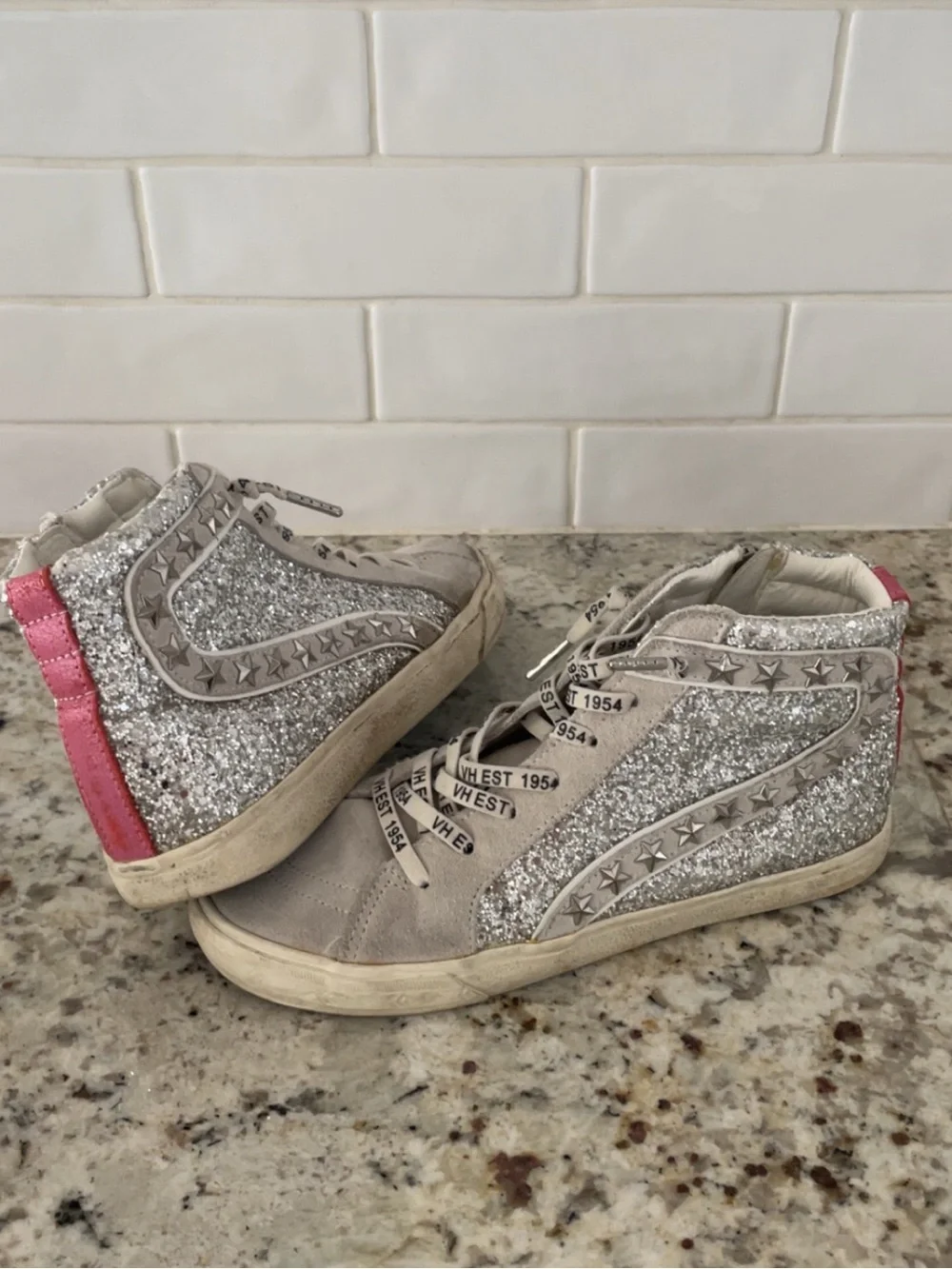Silver Glitter High-Top Sneakers with Pink Heel